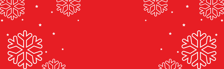Festive red winter background with bold white geometric snowflakes and scattered stars framing wide copy space, ideal for Christmas greetings, seasonal invitations, web banners, and holiday promotions