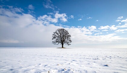 Lone Tree in Snowy Field Under Cloudy Sky.
