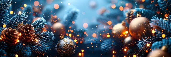 Panoramic Christmas Tree Baubles and Pine Cones Bokeh Lights Festive Decoration