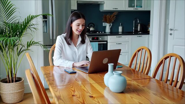 Smiling young woman works on laptop at sunlit wooden kitchen table with houseplants and modern appliances