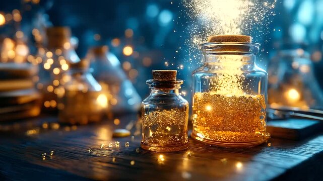 Mystical chemistry scene, glowing molecules visible, magical-looking potions, ethereal laboratory setup, beauty mystery exploration, scientific molecular structures, enchanting res