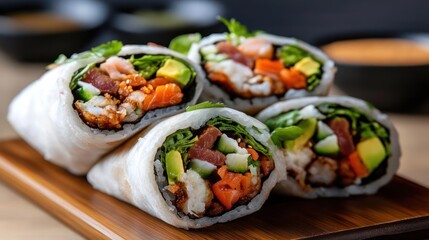 Exquisite fusion: rice paper sushi burritos showcasing a vibrant mix of fresh ingredients ready to
