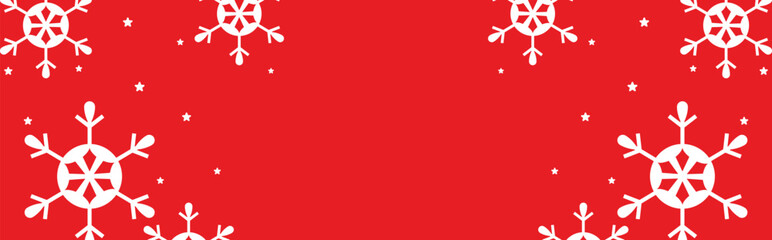 Festive red winter background with bold white geometric snowflakes and scattered stars framing wide copy space, ideal for Christmas greetings, seasonal invitations, web banners, and holiday promotions