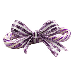 Festive purple and white striped candy cane tied with a shimmering metallic bow on black on transparent background