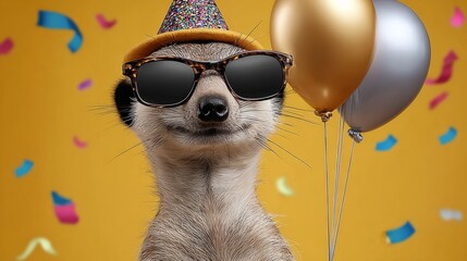 Celebratory meerkat wearing stylish sunglasses and a party hat, surrounded by colorful confetti and balloons, embodying a joyful festive atmosphere and playful spirit