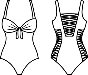One piece swimsuit vector illustration front and back view, black and white outline women swimwear fashion design template