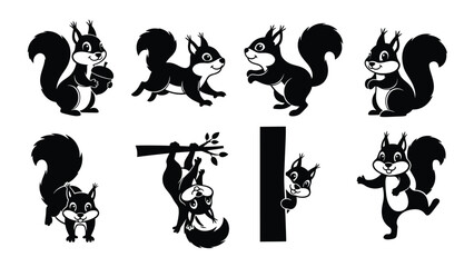 Fototapeta premium Set of eight black silhouette illustrations of squirrels in various poses