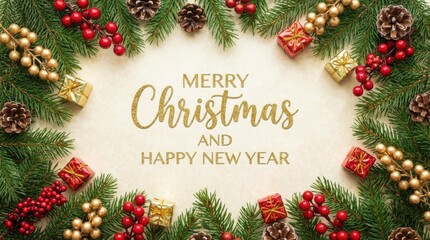 Festive holiday celebration home graphic design cozy atmosphere bird's eye view christmas and new year decorations with gold red and green accents