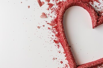 A heart shape outlined with red glitter on a light background. Small glitter hearts are scattered around the main heart shape creating a festive look