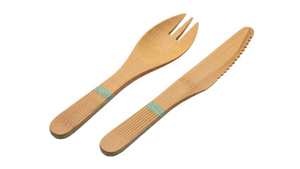 Isolated eco-friendly bamboo cutlery set – zero waste fork and serrated knife on neutral backdrop