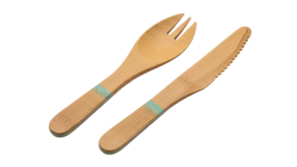 Isolated eco-friendly bamboo cutlery set – zero waste fork and serrated knife on neutral backdrop