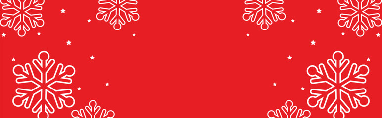 Festive red winter background with bold white geometric snowflakes and scattered stars framing wide copy space, ideal for Christmas greetings, seasonal invitations, web banners, and holiday promotions © bibin