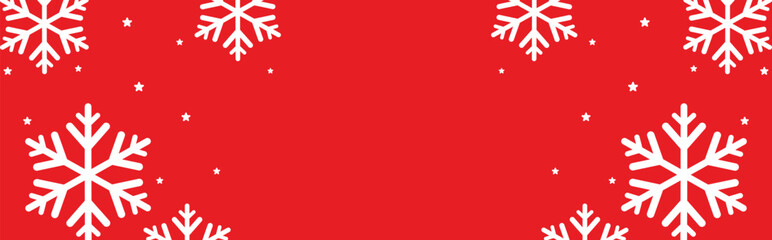 Festive red winter background with bold white geometric snowflakes and scattered stars framing wide copy space, ideal for Christmas greetings, seasonal invitations, web banners, and holiday promotions © bibin