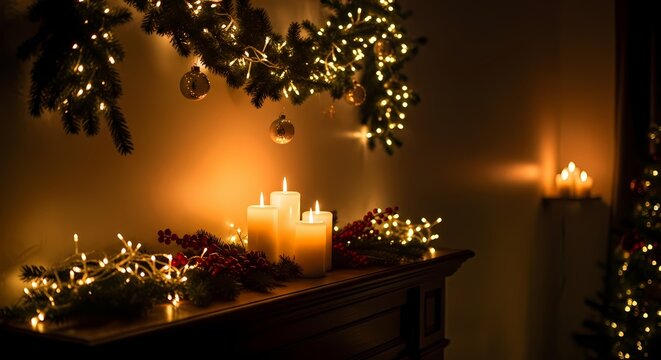 Christmas Eve night scene with glowing candles, soft shadows, and warm decorative lights. - Powered by Adobe