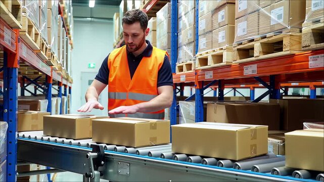 Warehouse worker in orange vest handling cardboard boxes on a roller conveyor belt system