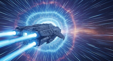 Futuristic spaceship traveling through a glowing blue wormhole at warp speed.