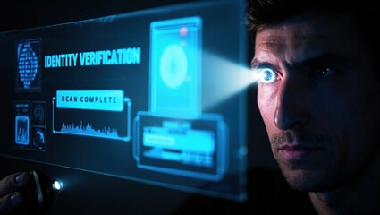 Man undergoing futuristic iris scan during advanced digital identity verification process.