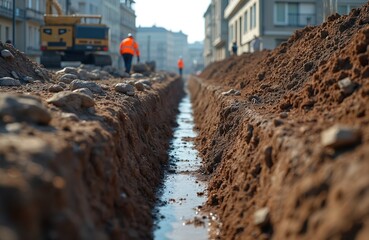Deep long trench with water in urban street. Workers in orange vests dig, repair underground infrastructure. Excavator machine in background. City building renovation, maintenance. Brown earth, rocks