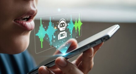 Woman interacting with smartphone voice assistant with AI chatbot interface and sound waves.