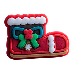 Festive red and white Christmas boot decoration with green bow and gingerbread accents on black on transparent background