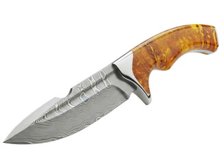 Isolated beautiful Damascus steel knife with glossy brown wood handle, close-up macro studio shot