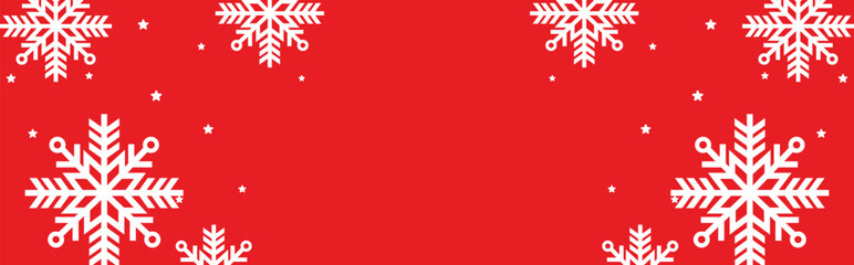 Festive red winter background with bold white geometric snowflakes and scattered stars framing wide copy space, ideal for Christmas greetings, seasonal invitations, web banners, and holiday promotions © bibin