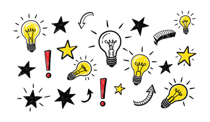 Hand Drawn Doodle Elements Including Light Bulbs Stars Exclamation Marks and Arrows Keywords: light bulb, idea, star, exclamation mark, arrow, doodle, sketch, drawing, hand drawn, illustration