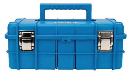 Isolated blue waterproof equipment case for tools or electronics, studio shot, no shadow