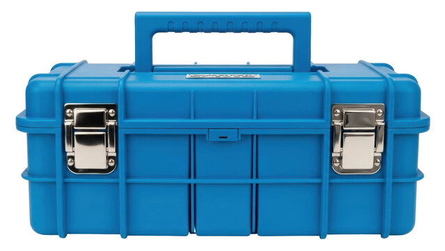 Isolated blue waterproof equipment case for tools or electronics, studio shot, no shadow