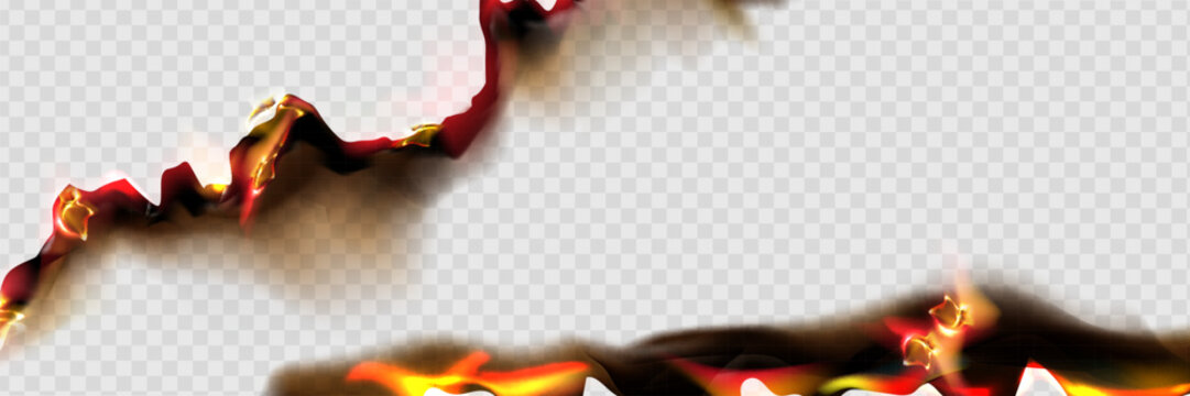 Burnt paper edges with fire and black ash. Vector realistic set of borders and frames from burnt and smoldering sheets of paper