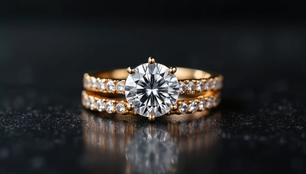 Gold ring set with sparkling white stones on dark textured surface. Bridal band shines with multiple small gems. Proposal ring for wedding day.