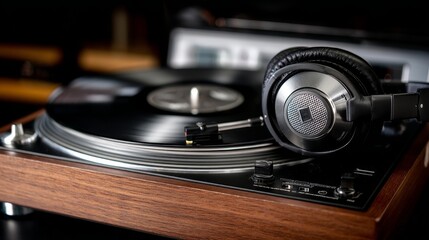 Modern turntable playing vinyl record with headphones resting on top
