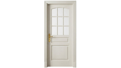 Isolated wooden door with glass panels and antique brass handle for interior design uses