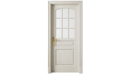 Isolated wooden door with glass panels and antique brass handle for interior design uses