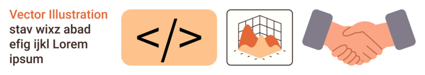 Software development, data visualization, teamwork, collaboration, coding, technology. Code brackets, analytics chart and handshake symbols. Software development and data visualization