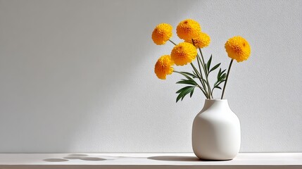 Bright yellow flowers in a modern white vase, elegantly arranged on a wooden surface, casting soft shadows against a textured wall, creating a serene and inviting atmosphere