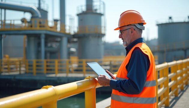 Mature engineer in safety vest monitors the water treatment plant using a digital tablet. Experienced worker inspects industrial facility on sunny day. Professional checking waste management system. - Powered by Adobe
