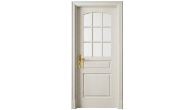 Isolated wooden door with glass panels and antique brass handle for interior design uses