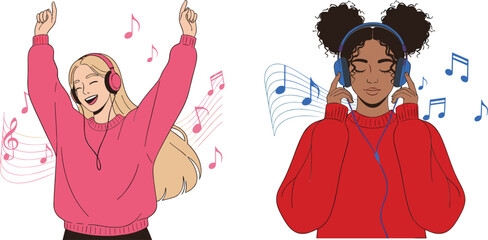 Happy women listening to music with headphones illustration, joyful dancing and relaxing vibes in modern flat vector style