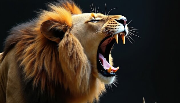 Lion roars with mouth wide open showing sharp teeth and fangs. Male lion with long mane and fur. Angry face of big cat. Lion portrait on dark background.