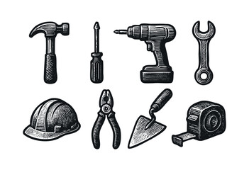 Construction tools engraved icons : hammer, drill, and other building and repair equipment — stock vector.