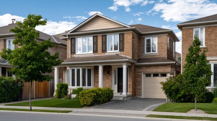 Fototapeta premium Modern two-story residential house with brick facade, large windows, and landscaped front yard, showcasing contemporary architecture and inviting curb appeal in a suburban neighborhood