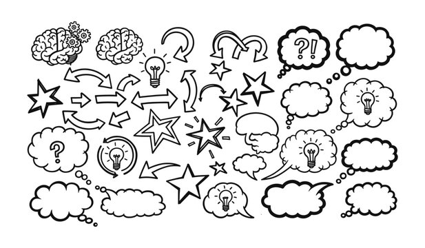 Hand Drawn Doodle Set Brains Lightbulbs Stars Arrows and Speech Bubbles vector illustration