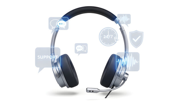 High-end 3D telemarketing headset combined with floating holographic support icons, representing modern customer service and communication systems. Isolated on White background. - Powered by Adobe
