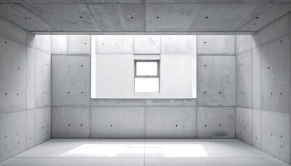 Minimalist concrete room with a single window, stark and modern architectural space.