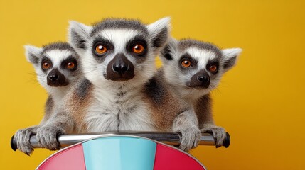 Obraz premium Three playful lemurs with striking orange eyes, sitting together on a colorful ride, showcasing their curious expressions against a vibrant yellow background, capturing a joyful moment in nature