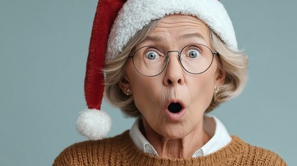Senior woman with surprised expression wearing Santa hat, showcasing festive spirit, with cozy sweater, creating joyful holiday atmosphere and capturing the essence of Christmas celebration