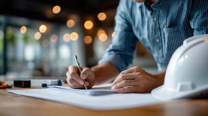 Faceless architect or engineer hands working on blueprint plan construction project tools safety helmet nearby technical drawing analysis professional planning work