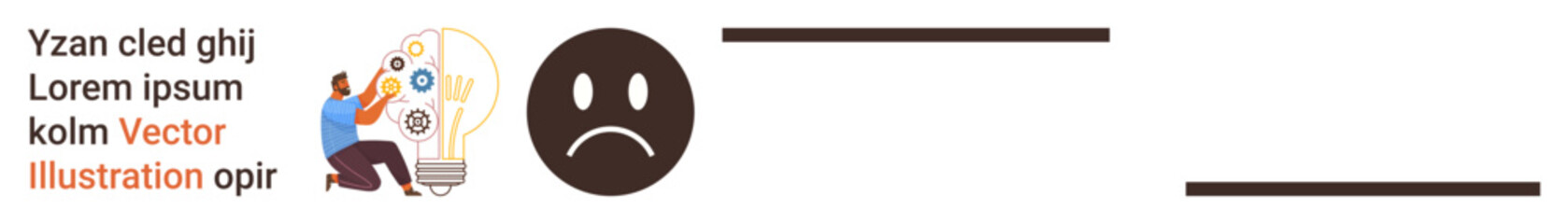 Creativity, problem solving, emotions, brainstorming, innovation, design thinking. Person near light bulb with gears and sad face icon. Creativity and problem solving concept