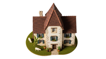 Isolated miniature house figurine, fairy tale cottage on green base, no background, model home